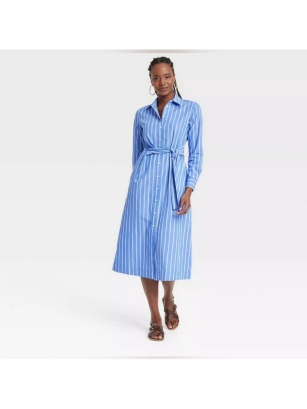 Universal Thread Blue & White Striped Midi Shirt Dress with Tie Waist
